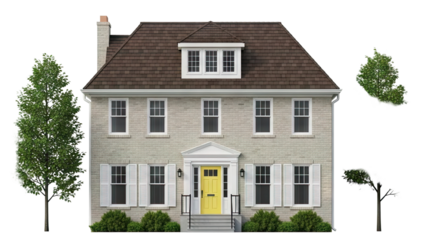 Classic Brick House with Yellow Door and Trees