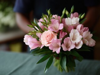 Professional florist creating a beautiful bouquet with fresh pink roses and alstroemeria, skillfully arranging vibrant flowers for a special celebration or heartfelt gift