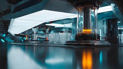 Futuristic nuclear power module glows within a modern high tech energy innovation concept