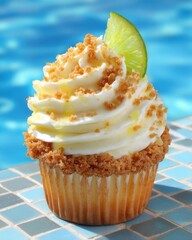 Close up of a key lime pie cupcake with fresh lime slice