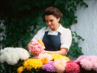 Woman florist carefully arranging colorful dahlia flowers, creating a vibrant display for her small business, representing dedication and craftsmanship in floristry work