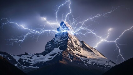 Powerful lightning strikes illuminate a majestic snow-capped mountain peak during a dramatic storm.