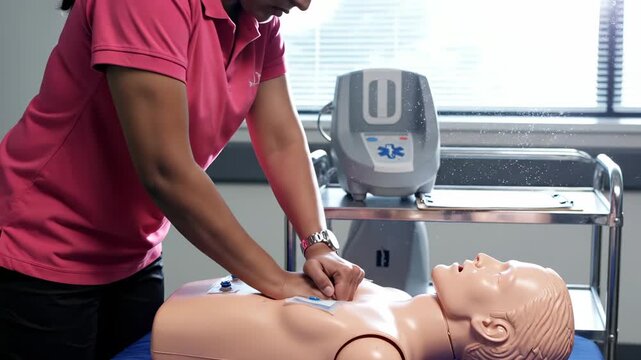 Instructor practices CPR on mannequin with defibrillator nearby. Woman performs CPR chest compressions during training. Instructor demonstrates CPR with mannequin and AED. CPR training session shown.
