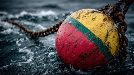 A Weathered Wooden Fishing Buoy Floating in Ocean Water