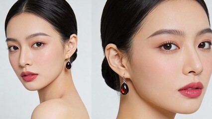 Asian woman posing with elegant earrings and natural makeup  