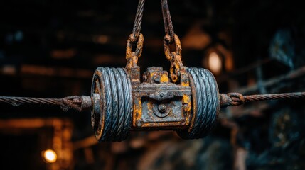 Close up of weathered rusty cable car mechanism