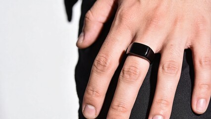 Close-up of a hand with a black ring on a neutral background  