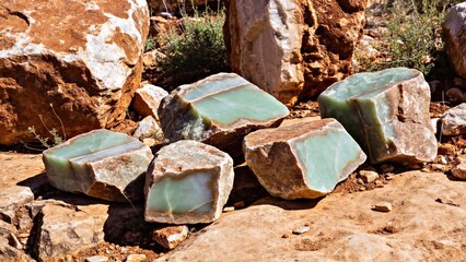Natural green stones arranged on rocky ground in sunlight  