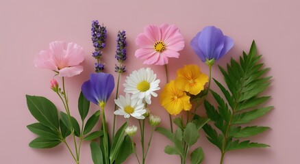 Delicate spring flowers and various colorful blossoms creating a vibrant botanical composition with fresh green leaves on a pastel pink background