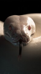 Albino python head facing forward, striking red eyes and flicking tongue sensing surroundings, representing danger, mystery, and exotic wildlife