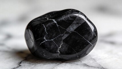 Polished black stone with white veins on marble background  