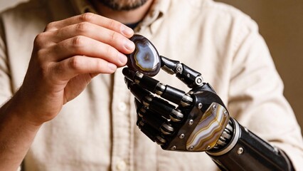 Man with prosthetic hand holding stone while examining its texture  