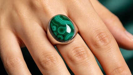 Green malachite ring worn on hand with visible fingers  
