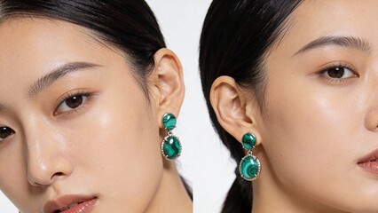 Young woman showcasing elegant emerald earrings in close-up portrait  
