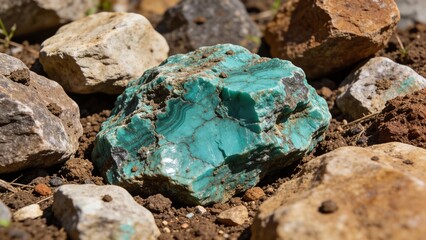 Natural turquoise stone among various rocks on the ground  