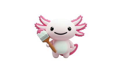 Cute Pink Axolotl Character Holding a Paintbrush