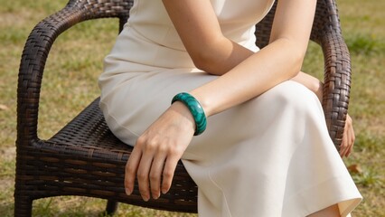 Woman sitting in a chair wearing a white dress and green bracelet  