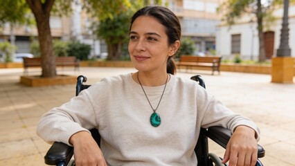 Woman in wheelchair smiling while sitting outdoors in a park  