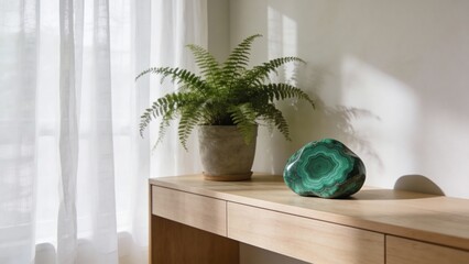 Green potted fern and agate stone on wooden table by window  
