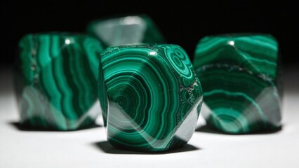 Malachite gemstones with distinctive green stripes on black background  