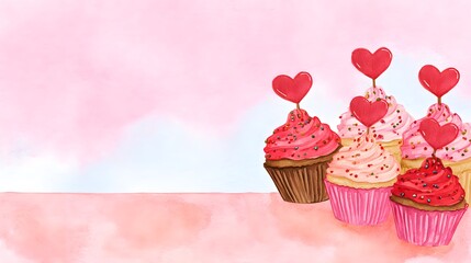 Romantic Valentine’s Day cupcakes watercolor illustration sweet dessert concept playful heart toppers