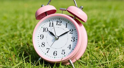Pink alarm clock on green grass outdoors