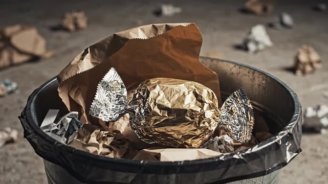 Discarded Golden Treasures Within a Trash Can with Crumpled Paper and Foil wrappers Scattered on Concrete Floor Symbolizing Waste and Lost Opportunity with Dramatic Lighting
