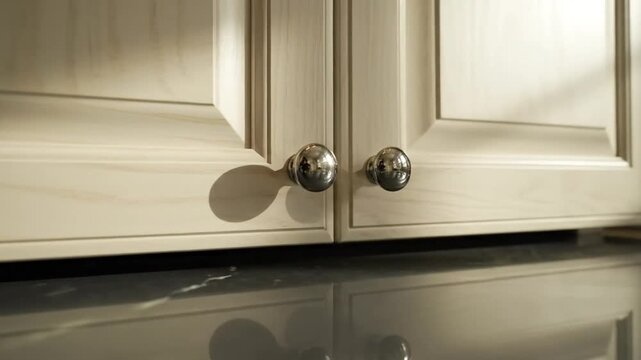 Close-up of elegant kitchen cabinets with shiny silver knobs and a reflective dark countertop in warm lighting