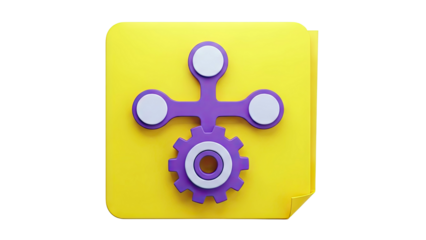 3D Icon of a Gear with Connecting Rods and Circles on Yellow Background