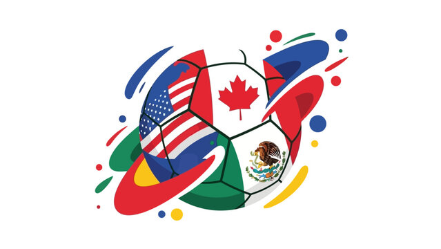 Vibrant soccer ball surrounded by dynamic flags of Canada, USA, and Mexico in a celebratory sports graphic illustration