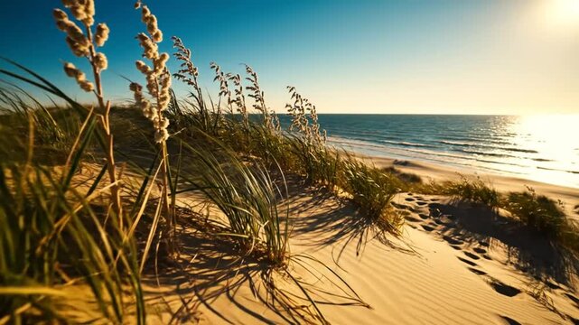 Coastal dune landscape with swaying sea oats and ocean view during the golden hour of the day