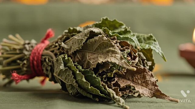 Dried natural herb bundle tied with red string for hindu ritual offering or spiritual preparation