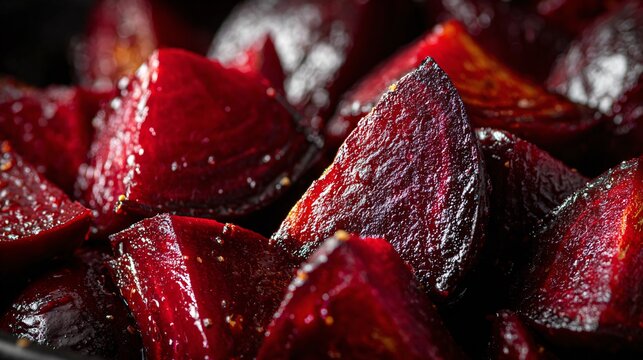 Roasted beetroot wedges photographed close-up, caramelization visible