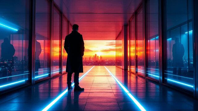 Lone man in a trench coat looking out at a modern city skyline from a neon lit futuristic hallway