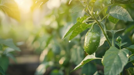 Fototapeta premium A giant Big Jim pepper hanging from a vine in a sun-drenched garden.
