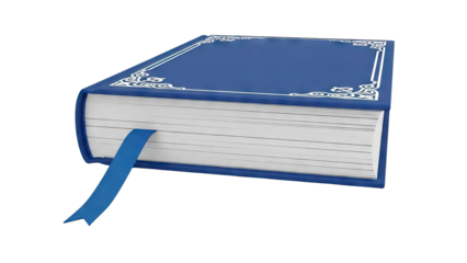 Blue Hardcover Book with White Ornate Design and Blue Bookmark