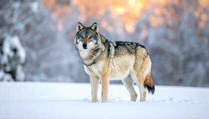 Wolf stands in deep, snowy field. Background displays blurred trees under glowing sunlight