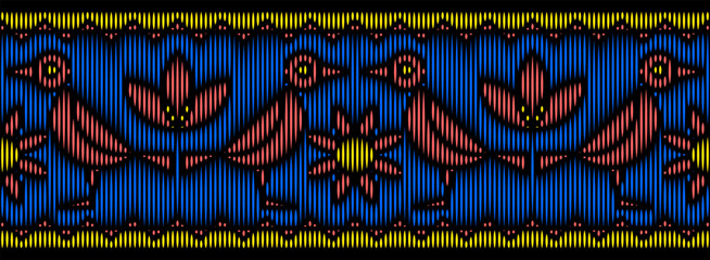 Horizontal seamless folk embroidery border with birds and flowers