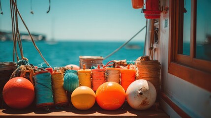 A view of fishing floats with ocean in the background