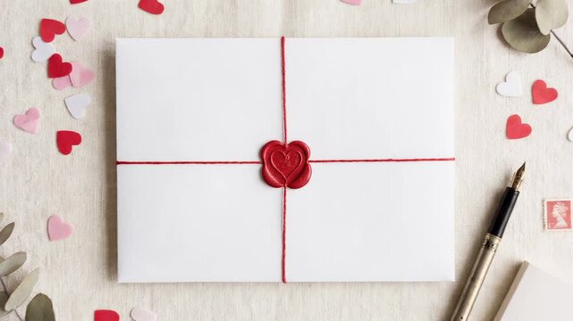 Romantic composition with a love letter, heart confetti, and a fountain pen for Valentines day