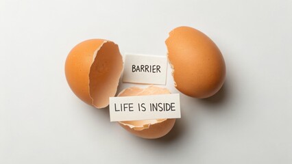Cracked Egg Shells with Barrier and Life Is Inside Text