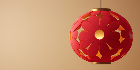 Modern red paper lantern with gold glow symbolizing celebration on warm ivory background