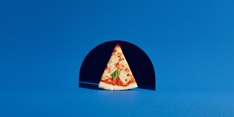 Minimalist pizza slice in sauce red and cheese ivory colors appearing through a clean circular cutout on a solid smooth royal blue background.