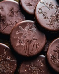Dark chocolate discs with delicate flora details in close up