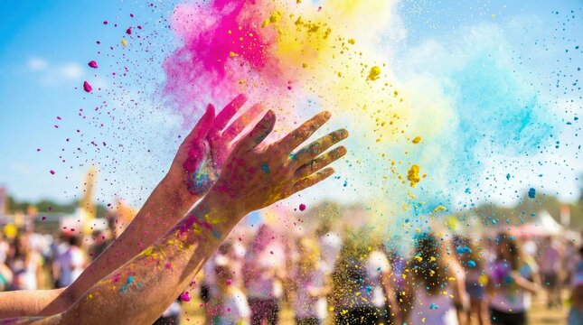 Colorful powder bursts from hands during a vibrant festival. People celebrate joyfully in the background, surrounded by bright colors and a clear blue sky.