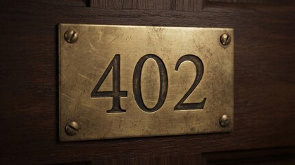 A close-up of a brass door number plaque displaying the number 402 on a wooden door. The plaque has a vintage design with a polished finish.