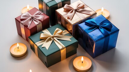 Colorful gift boxes with ribbons and candles on a light background