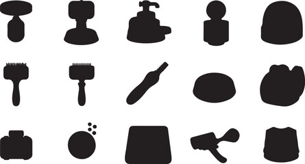 Collection of black silhouettes of various grooming tools isolated on transparent background