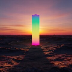 Surreal Abstract Tower Obelisk in Ocean at Sunset Gradient Light.