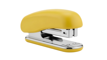 Yellow stapler isolated PNG, office supply for paper fastening and document organization, stationery tool on transparent background